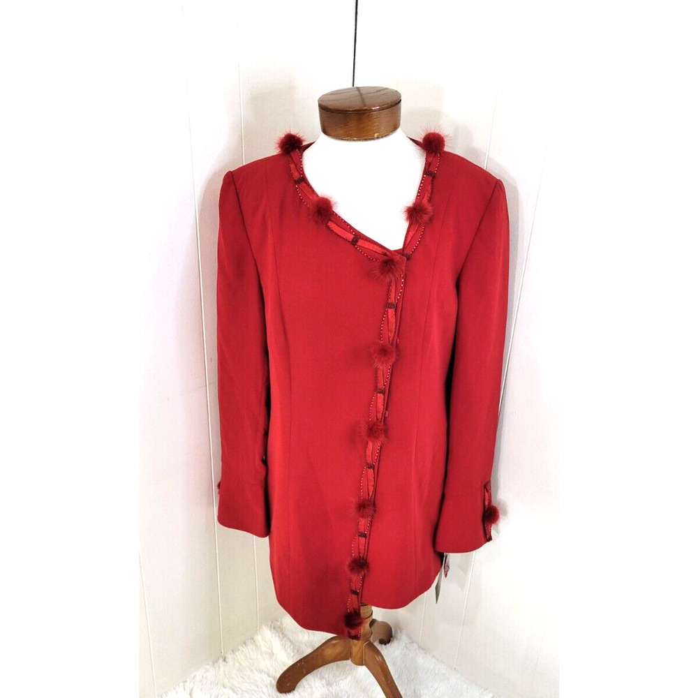 Milano Vintage Womens Size 14 Red Beaded Poms Lined Button Up Suit Jacket NEW